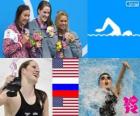 Kadınlar 200 m sırtüstü podyum, Missy Franklin (ABD), Anastasia Zueva (Rusya) ve Elizabeth Beisel (ABD) - Londra 2012 - Yüzme